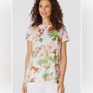 J Jill Love Linen Floral Top Sz M 100% Linen T Shirt Short Sleeve Lightweight